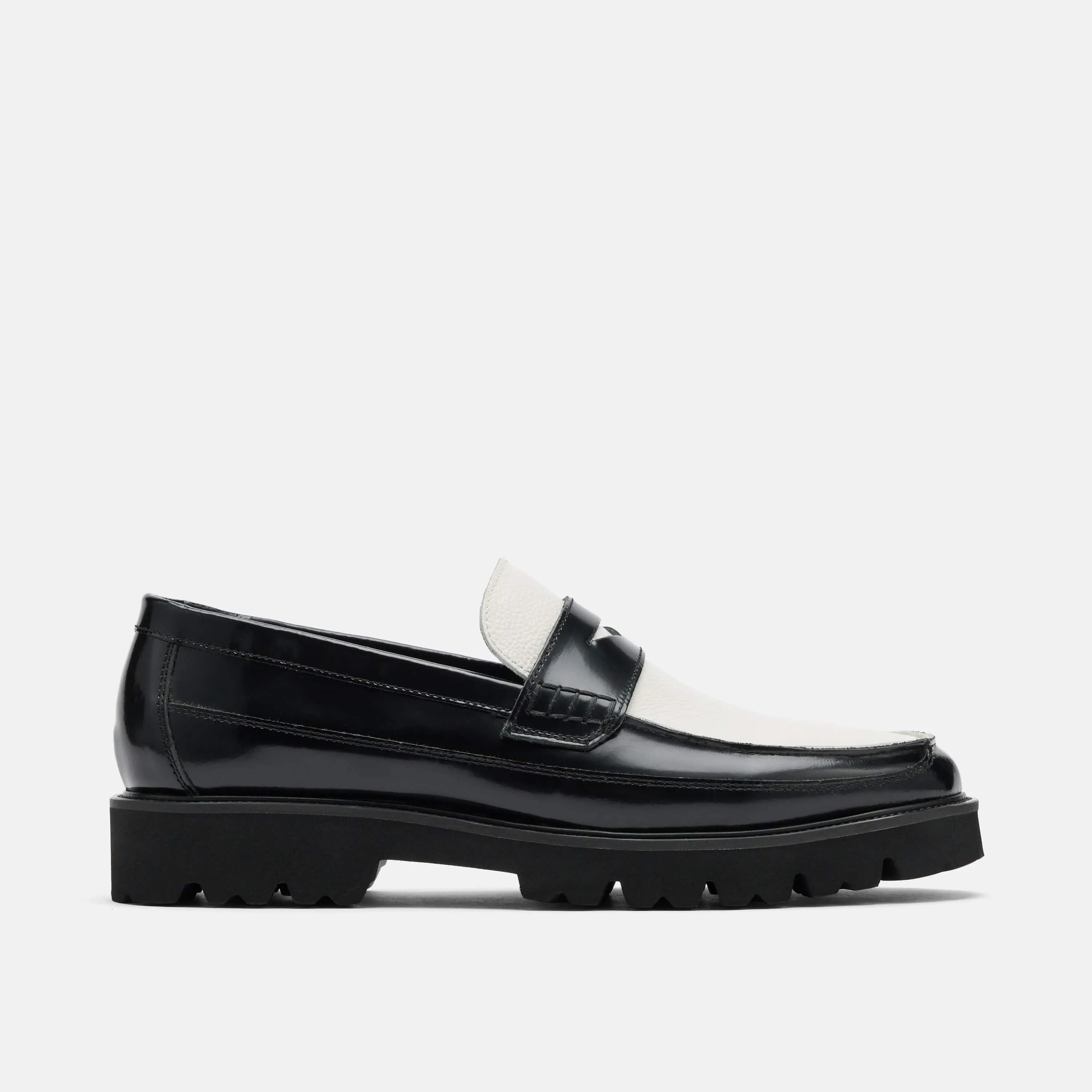 Mocassins Penny Adler en cuir noir et blanc