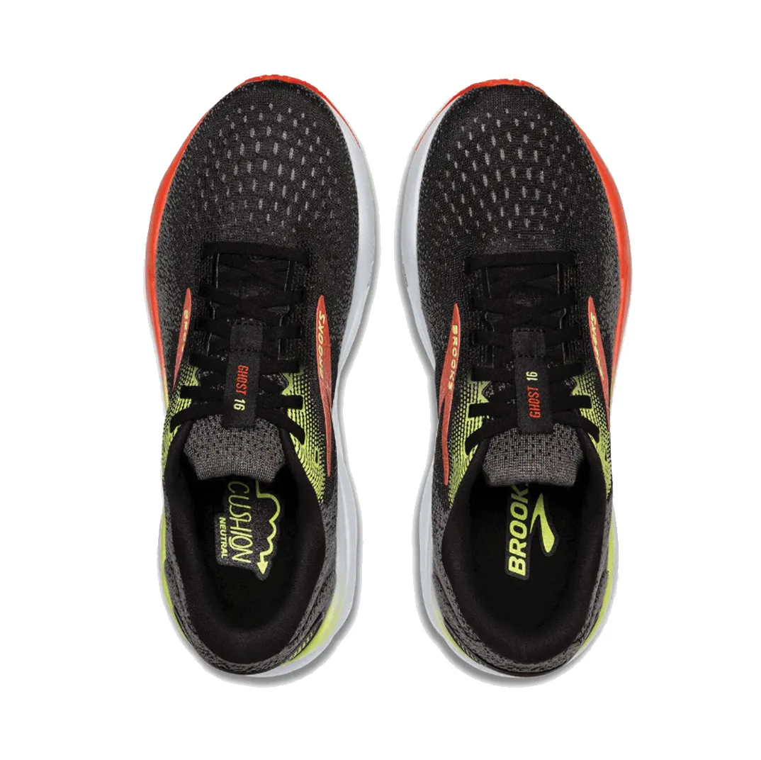 Chaussures de course Brooks Men's Ghost 16 2E (largeur large) en Noir/Rouge Mandarin/Vert AW24