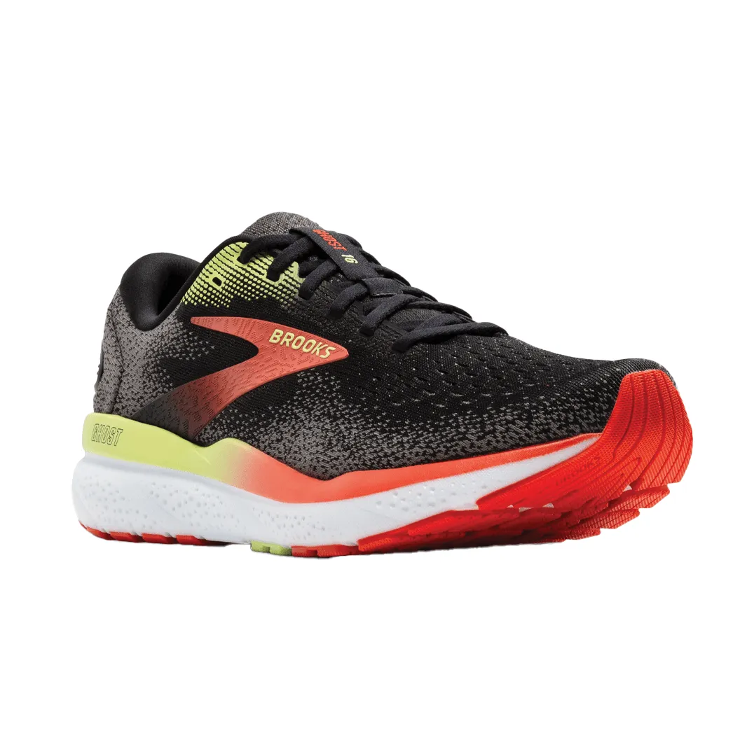 Chaussures de course Brooks Men's Ghost 16 2E (largeur large) en Noir/Rouge Mandarin/Vert AW24