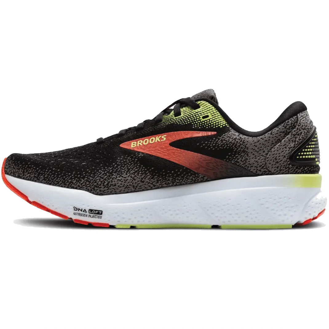 Chaussures de course Brooks Men's Ghost 16 2E (largeur large) en Noir/Rouge Mandarin/Vert AW24