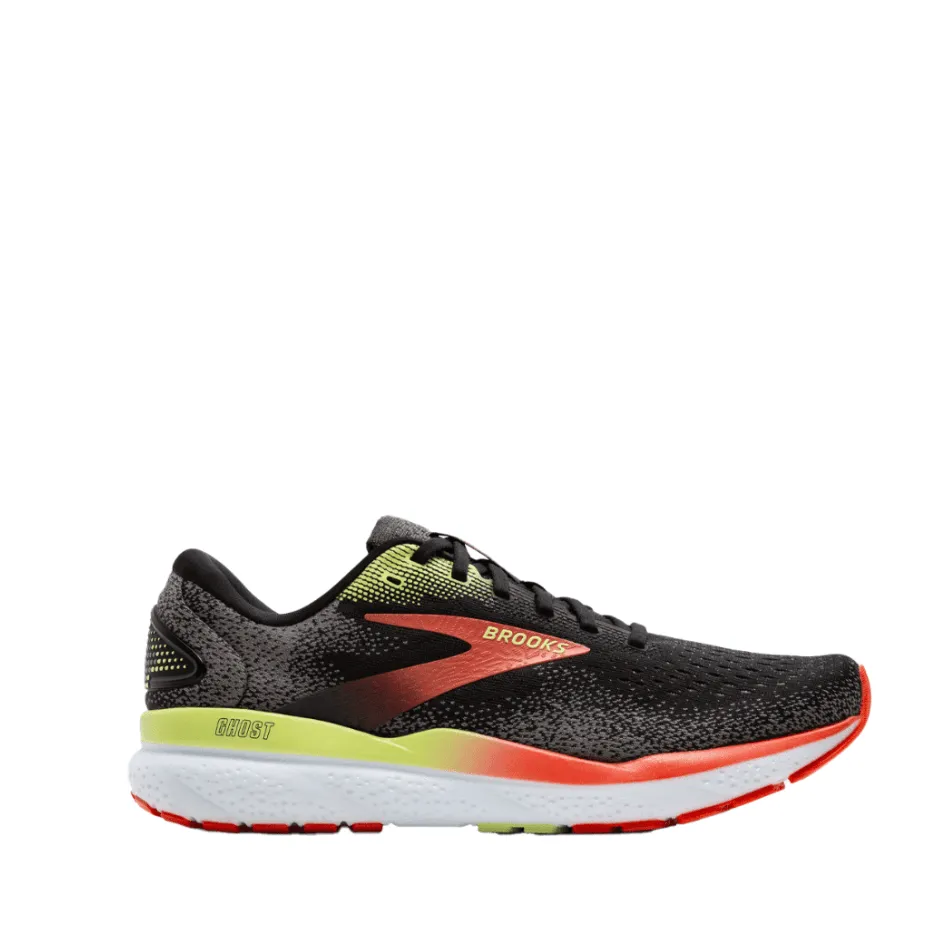 Chaussures de course Brooks Men's Ghost 16 2E (largeur large) en Noir/Rouge Mandarin/Vert AW24
